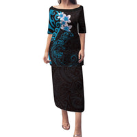 New Zealand Tuatara Plumeria Family Matching Puletasi and Hawaiian Shirt Maori Blue Koru Tribal Tattoo LT01 Mom's Dress Blue - Polynesian Pride