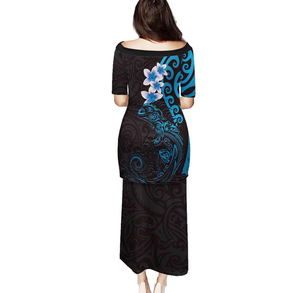 New Zealand Tuatara Plumeria Family Matching Puletasi and Hawaiian Shirt Maori Blue Koru Tribal Tattoo LT01 - Polynesian Pride