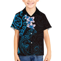 New Zealand Tuatara Plumeria Family Matching Short Sleeve Bodycon Dress and Hawaiian Shirt Maori Blue Koru Tribal Tattoo LT01 Son's Shirt Blue - Polynesian Pride