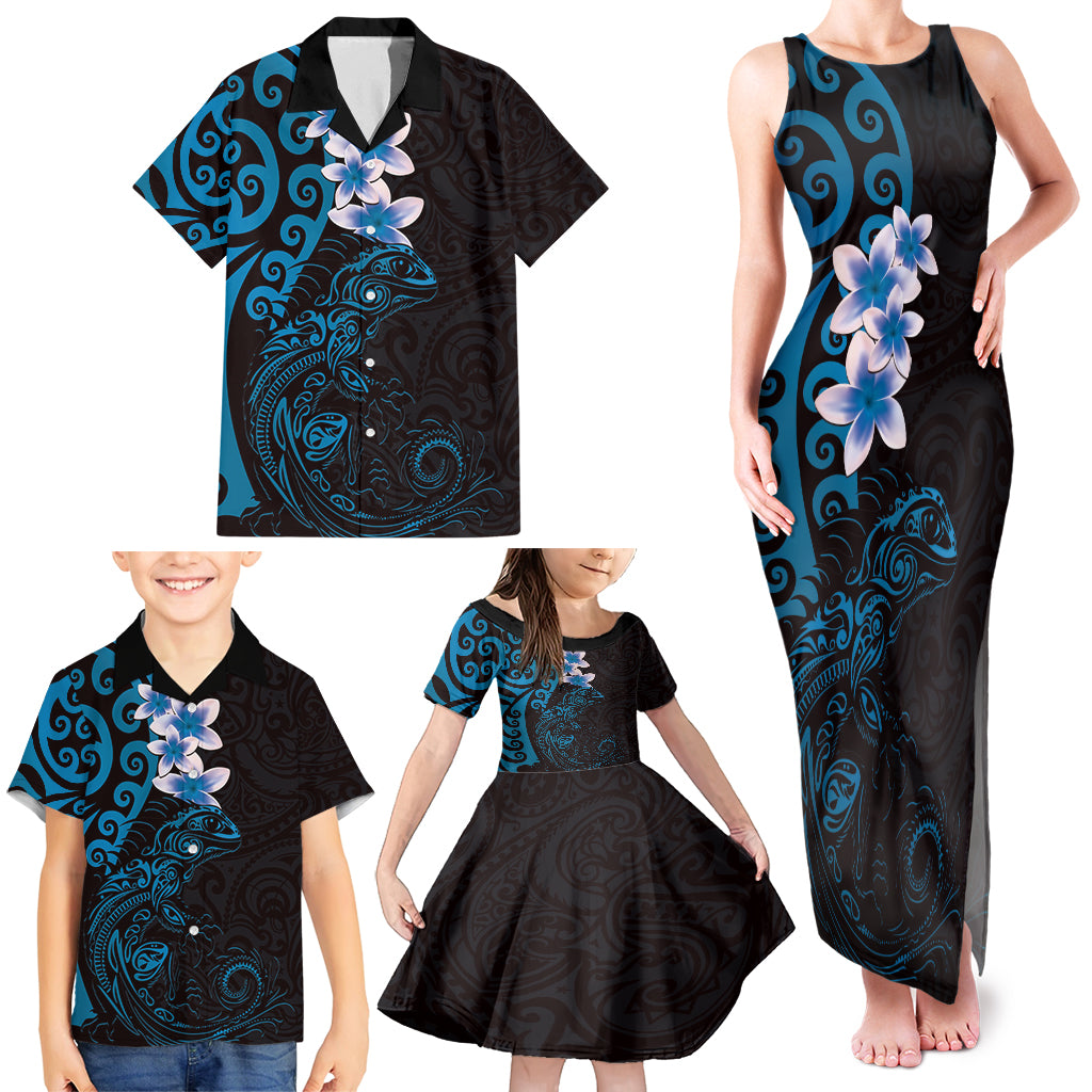 New Zealand Tuatara Plumeria Family Matching Tank Maxi Dress and Hawaiian Shirt Maori Blue Koru Tribal Tattoo