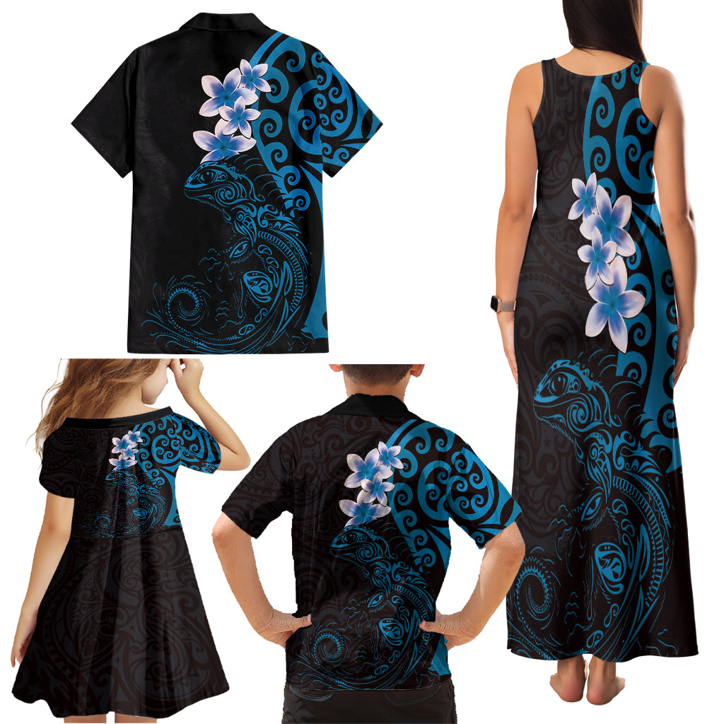 New Zealand Tuatara Plumeria Family Matching Tank Maxi Dress and Hawaiian Shirt Maori Blue Koru Tribal Tattoo