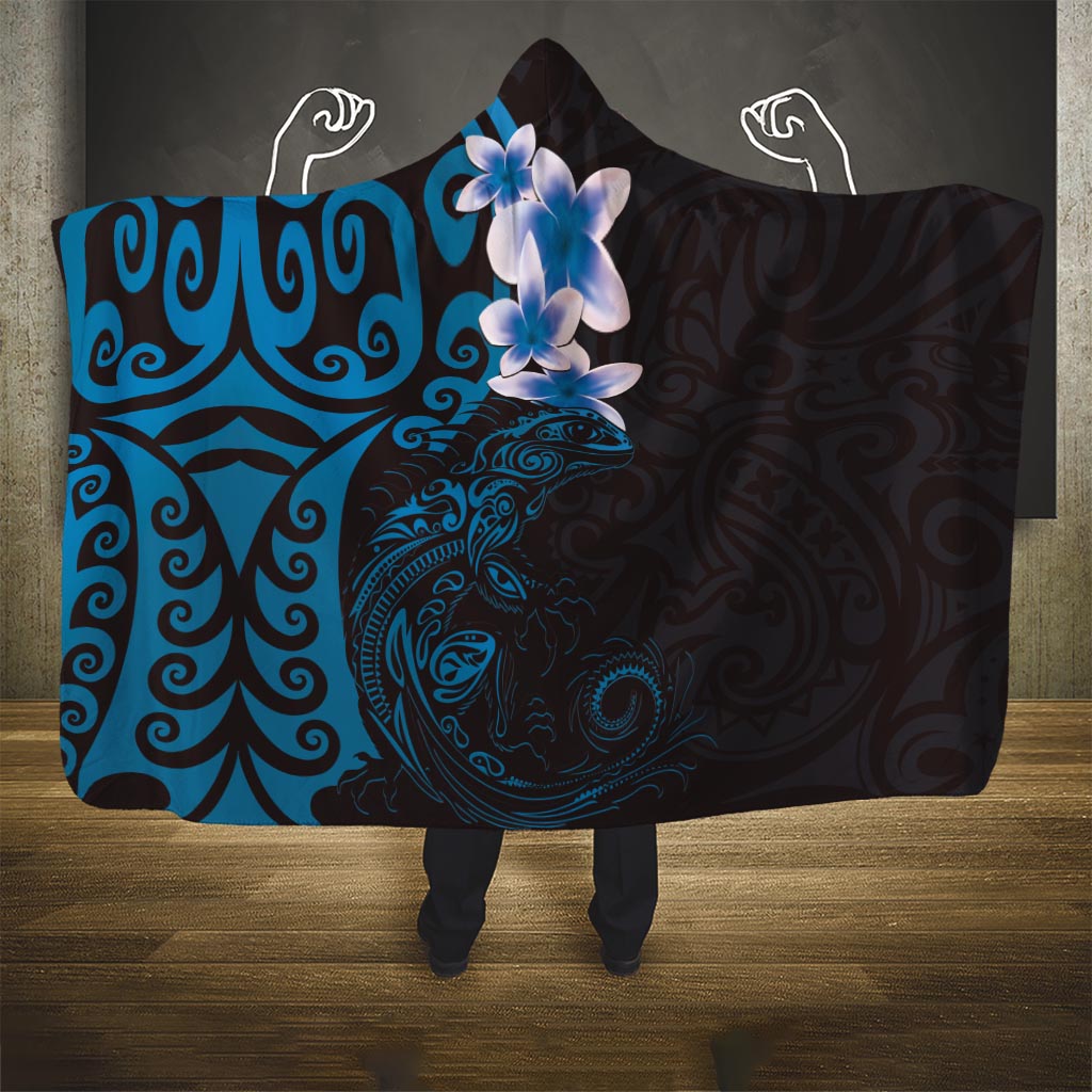 New Zealand Tuatara Plumeria Hooded Blanket Maori Blue Koru Tribal Tattoo LT01 One Size Blue - Polynesian Pride