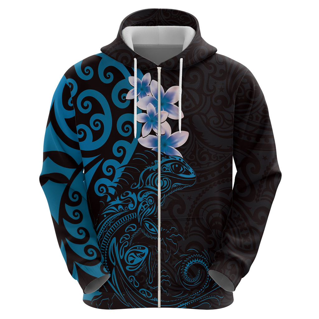 New Zealand Tuatara Plumeria Hoodie Maori Blue Koru Tribal Tattoo