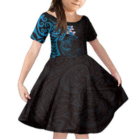New Zealand Tuatara Plumeria Kid Short Sleeve Dress Maori Blue Koru Tribal Tattoo LT01 KID Blue - Polynesian Pride