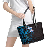 New Zealand Tuatara Plumeria Leather Tote Bag Maori Blue Koru Tribal Tattoo LT01 - Polynesian Pride