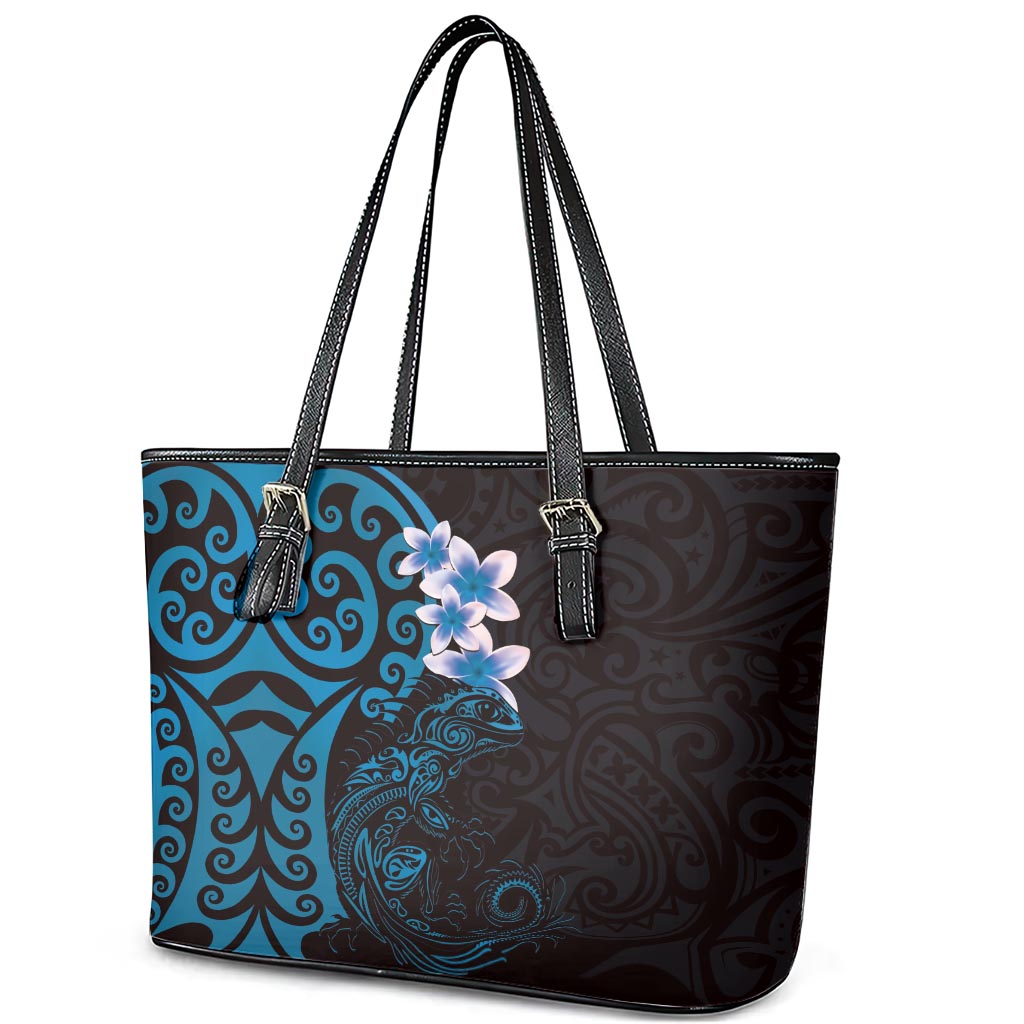 New Zealand Tuatara Plumeria Leather Tote Bag Maori Blue Koru Tribal Tattoo LT01 - Polynesian Pride