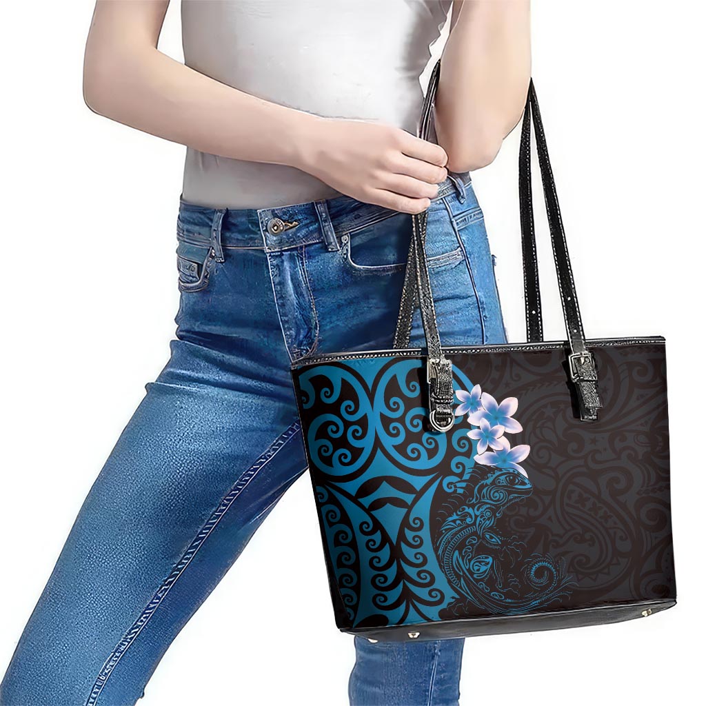 New Zealand Tuatara Plumeria Leather Tote Bag Maori Blue Koru Tribal Tattoo LT01 - Polynesian Pride