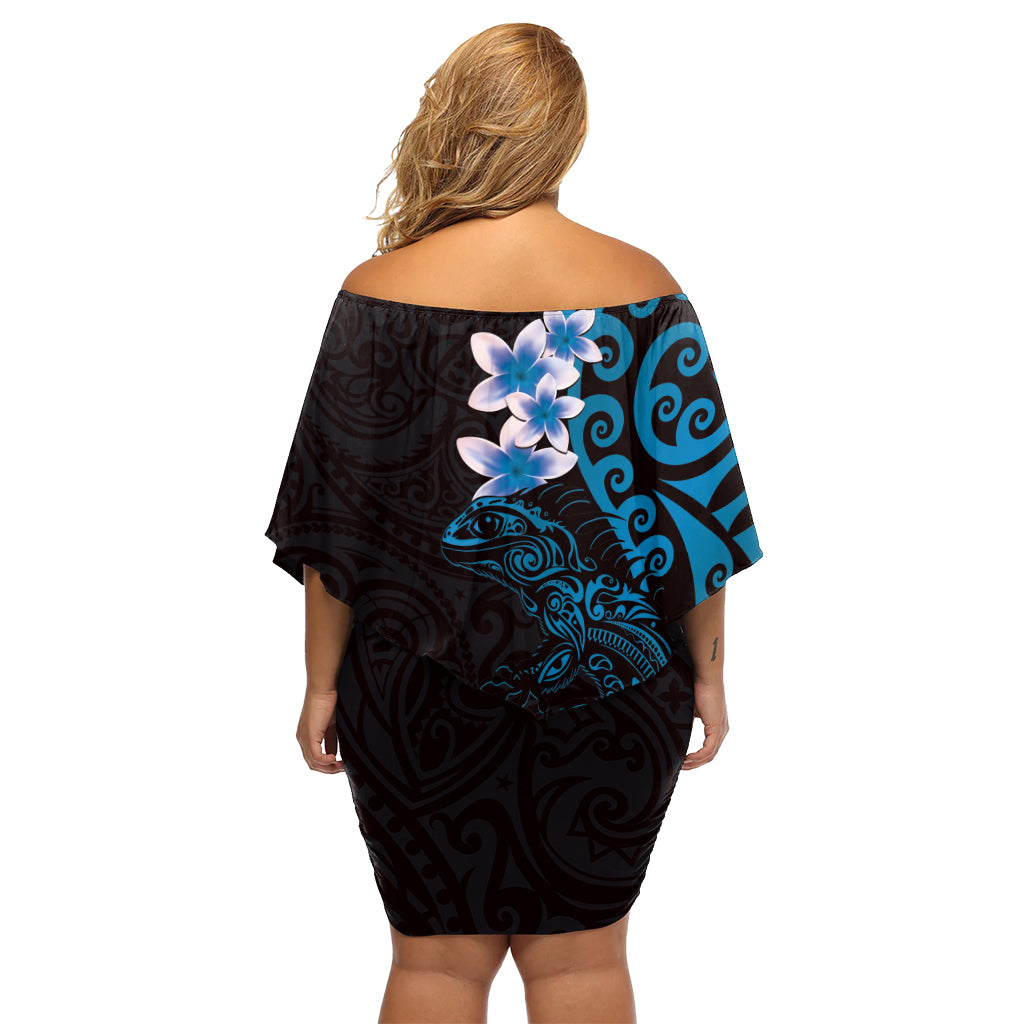 New Zealand Tuatara Plumeria Off Shoulder Short Dress Maori Blue Koru Tribal Tattoo LT01 - Polynesian Pride