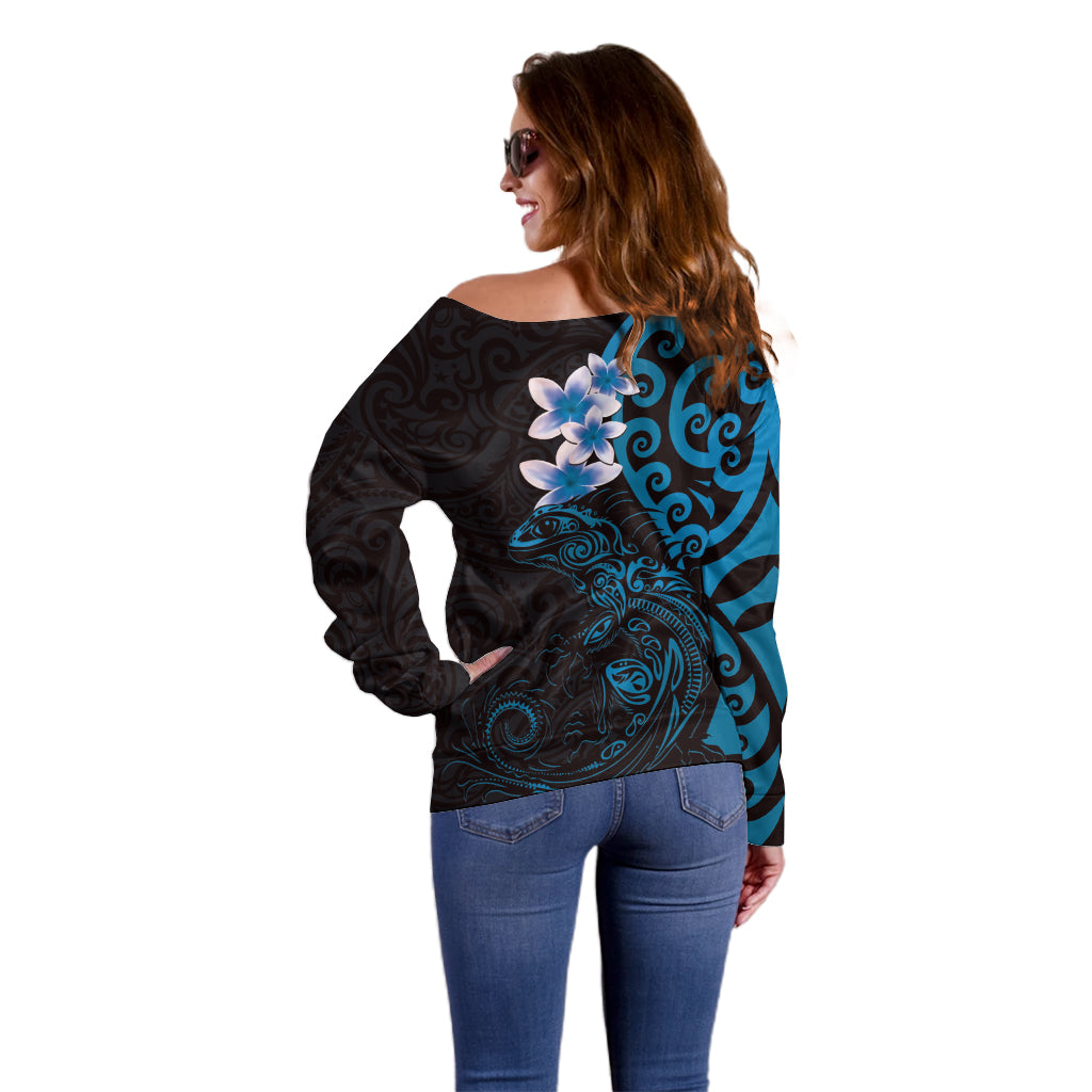 New Zealand Tuatara Plumeria Off Shoulder Sweater Maori Blue Koru Tribal Tattoo