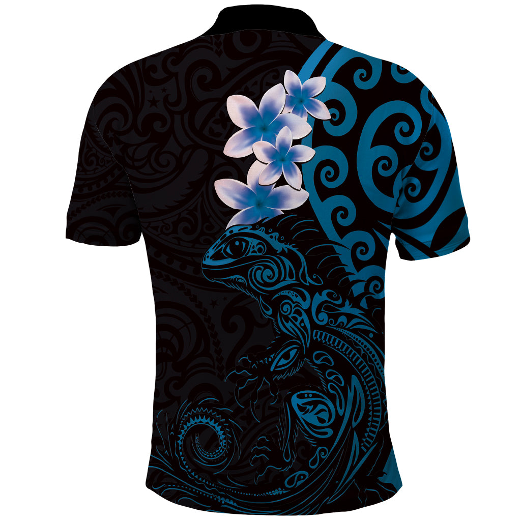 New Zealand Tuatara Plumeria Polo Shirt Maori Blue Koru Tribal Tattoo