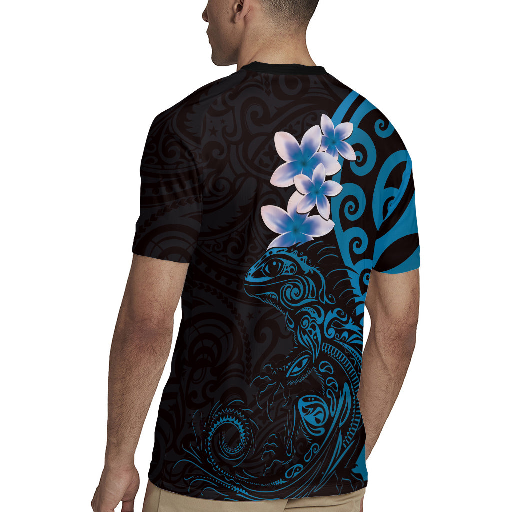 New Zealand Tuatara Plumeria Rugby Jersey Maori Blue Koru Tribal Tattoo