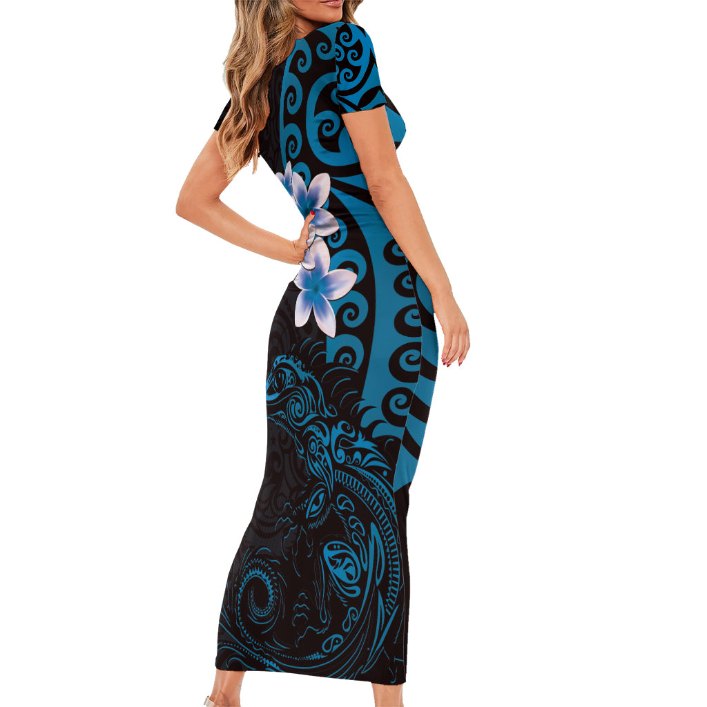 New Zealand Tuatara Plumeria Short Sleeve Bodycon Dress Maori Blue Koru Tribal Tattoo LT01 - Polynesian Pride