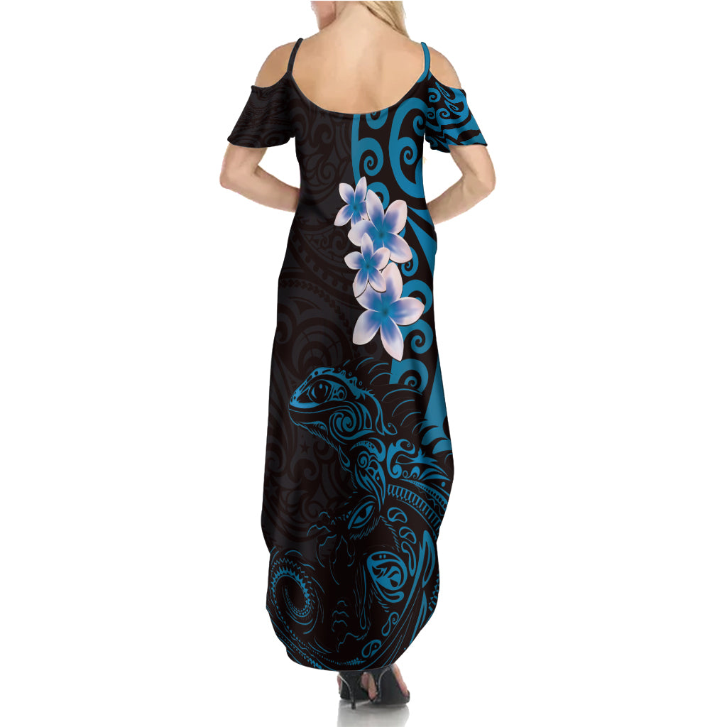 New Zealand Tuatara Plumeria Summer Maxi Dress Maori Blue Koru Tribal Tattoo LT01 - Polynesian Pride