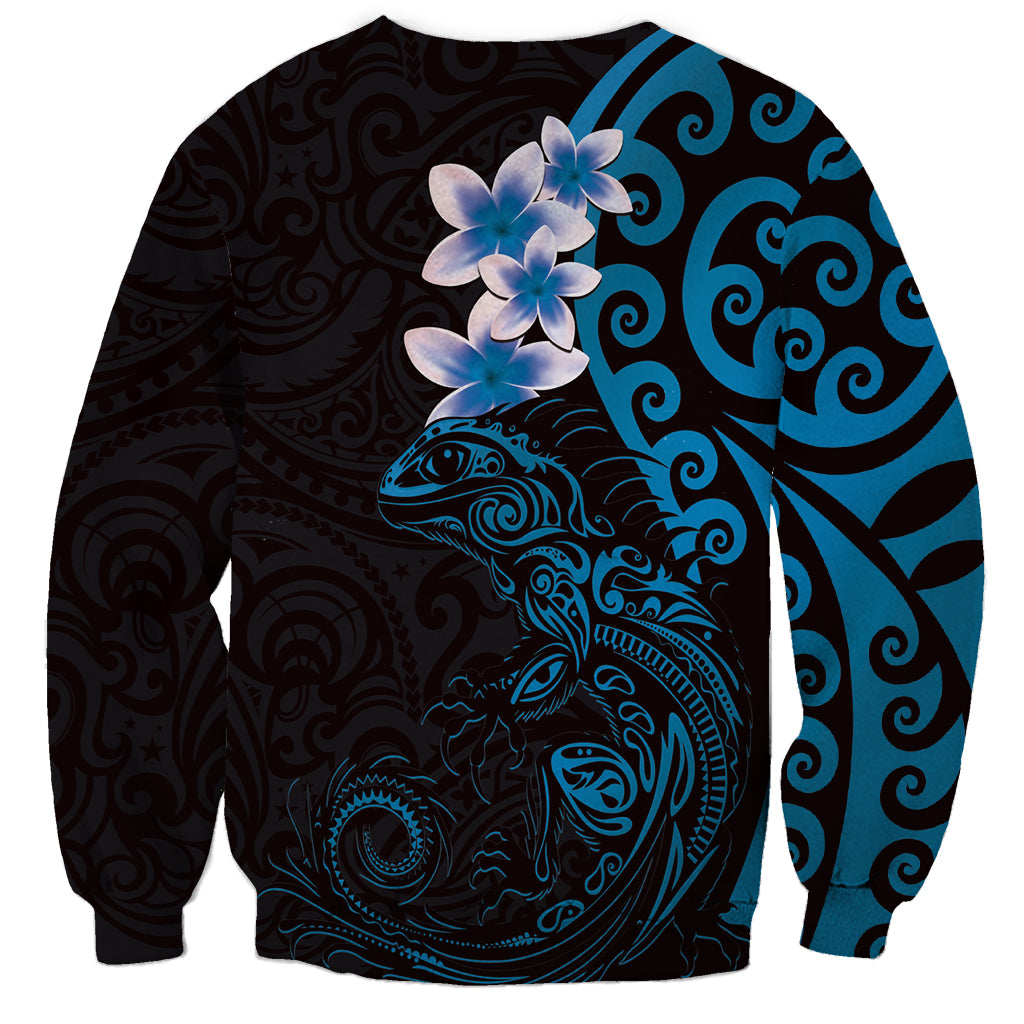 New Zealand Tuatara Plumeria Sweatshirt Maori Blue Koru Tribal Tattoo
