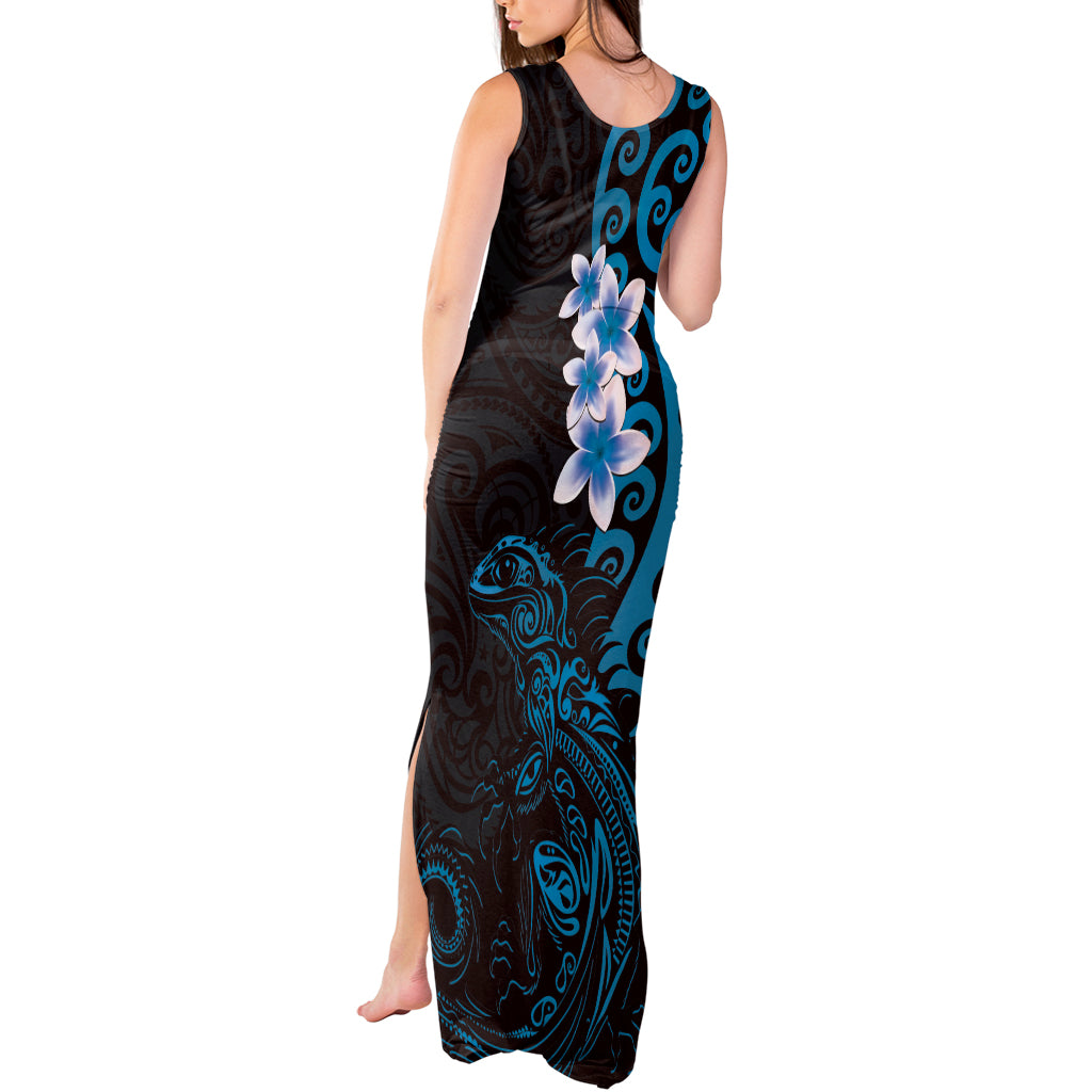 New Zealand Tuatara Plumeria Tank Maxi Dress Maori Blue Koru Tribal Tattoo LT01 - Polynesian Pride