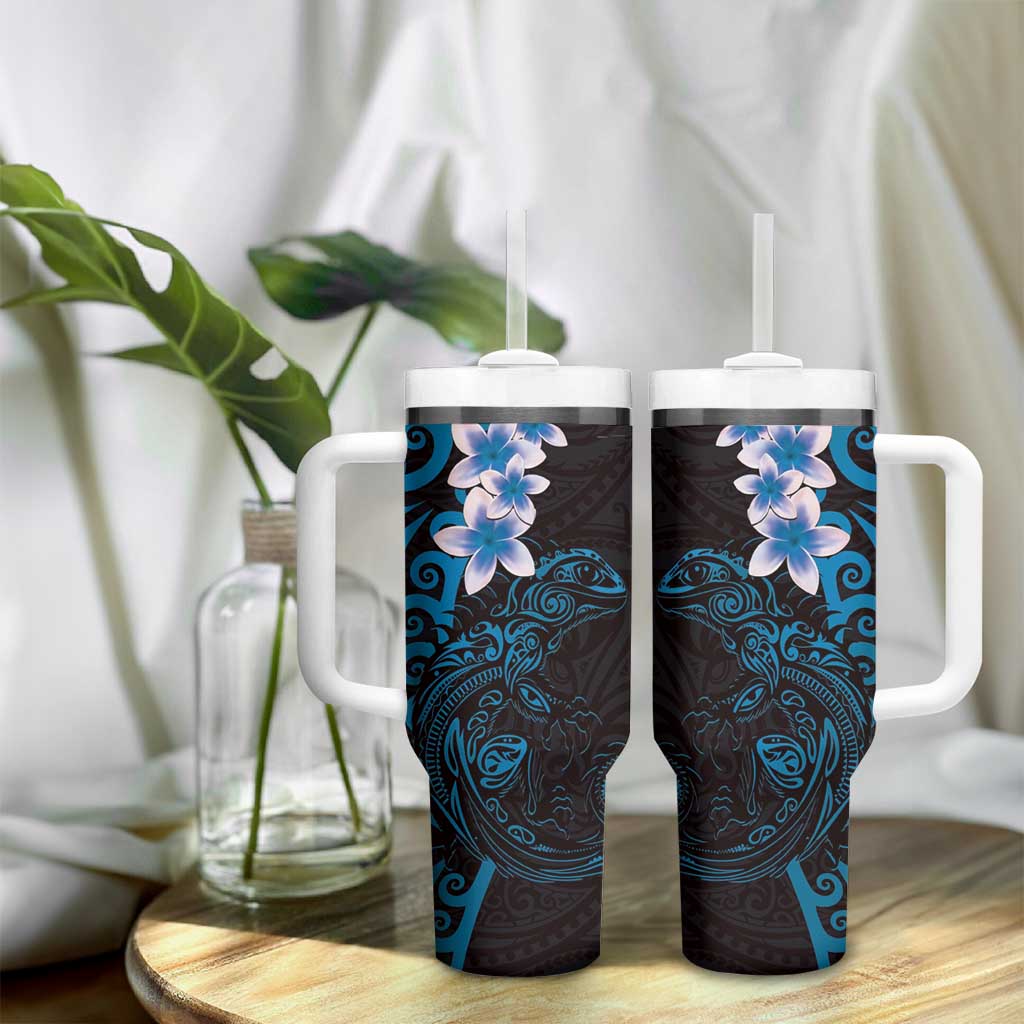 New Zealand Tuatara Plumeria Tumbler With Handle Maori Blue Koru Tribal Tattoo