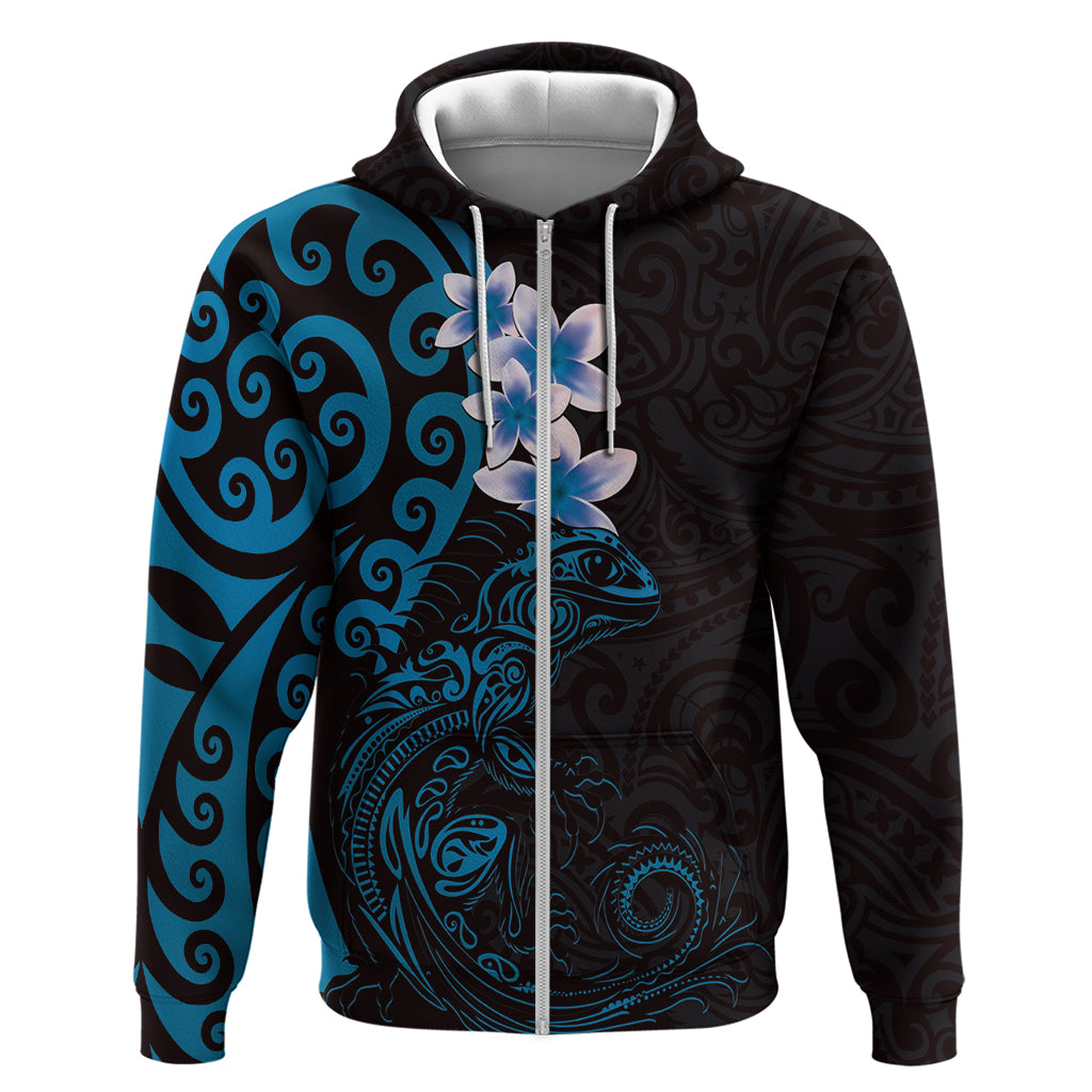 New Zealand Tuatara Plumeria Zip Hoodie Maori Blue Koru Tribal Tattoo