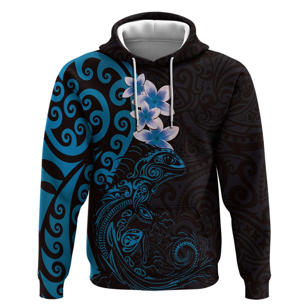 New Zealand Tuatara Plumeria Zip Hoodie Maori Blue Koru Tribal Tattoo LT01 Pullover Hoodie Blue - Polynesian Pride