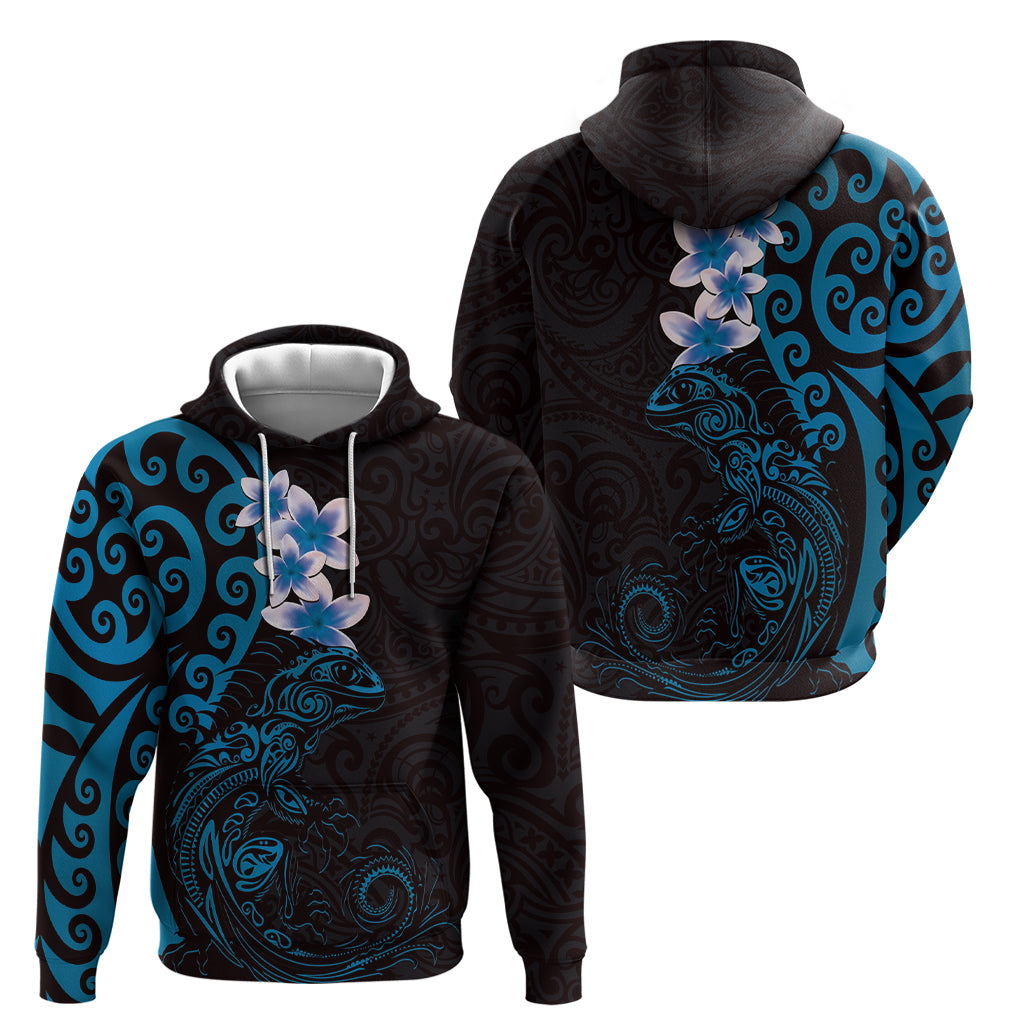 New Zealand Tuatara Plumeria Zip Hoodie Maori Blue Koru Tribal Tattoo LT01 - Polynesian Pride