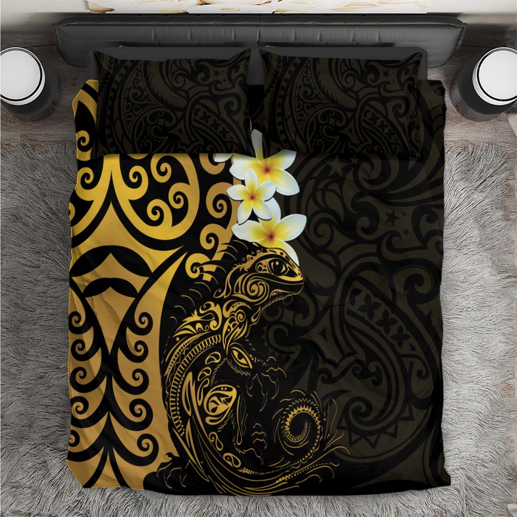 New Zealand Tuatara Plumeria Bedding Set Maori Gold Koru Tribal Tattoo