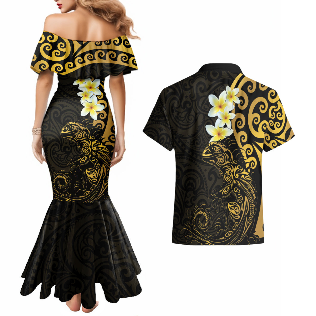 New Zealand Tuatara Plumeria Couples Matching Mermaid Dress and Hawaiian Shirt Maori Gold Koru Tribal Tattoo LT01 - Polynesian Pride
