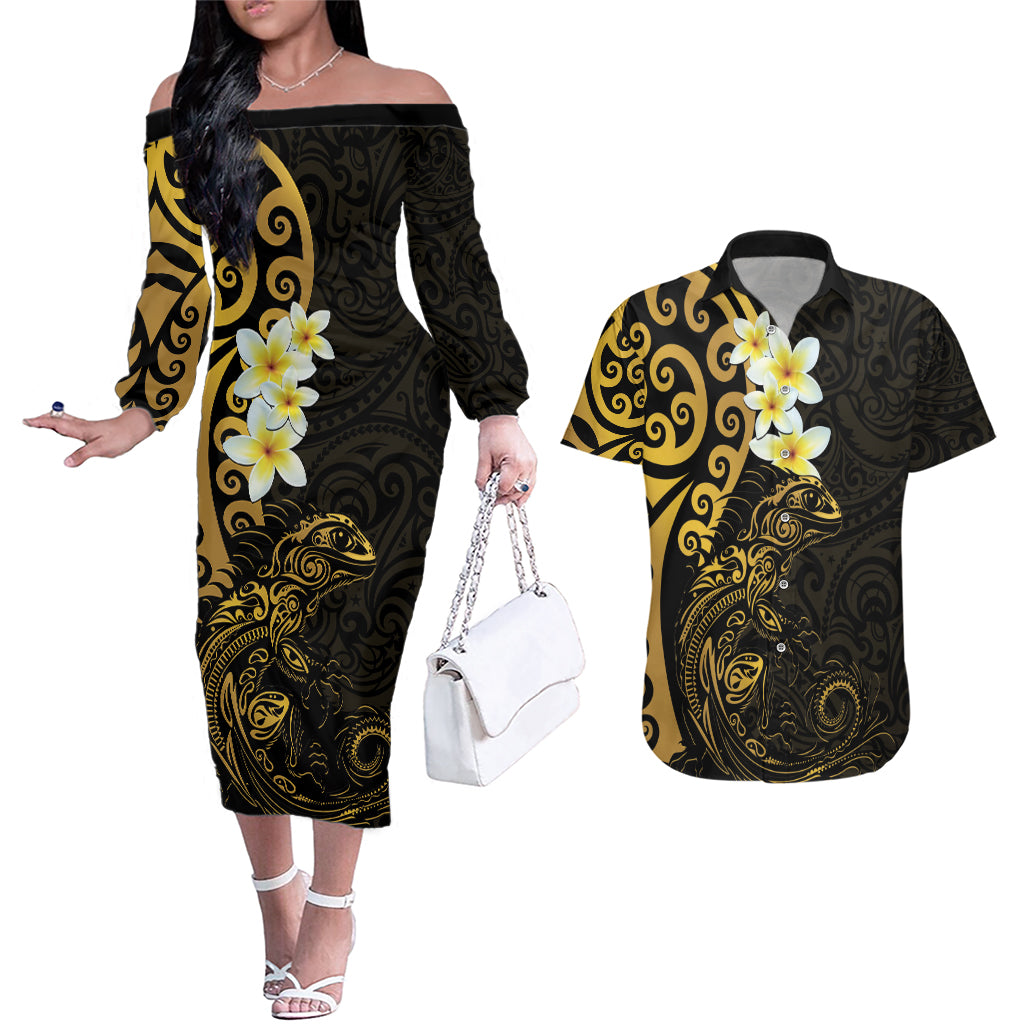 New Zealand Tuatara Plumeria Couples Matching Off The Shoulder Long Sleeve Dress and Hawaiian Shirt Maori Gold Koru Tribal Tattoo