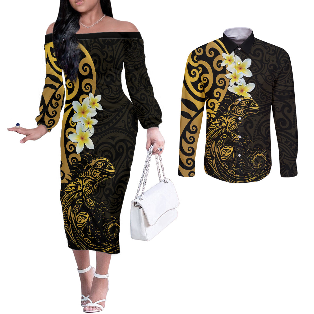 New Zealand Tuatara Plumeria Couples Matching Off The Shoulder Long Sleeve Dress and Long Sleeve Button Shirt Maori Gold Koru Tribal Tattoo