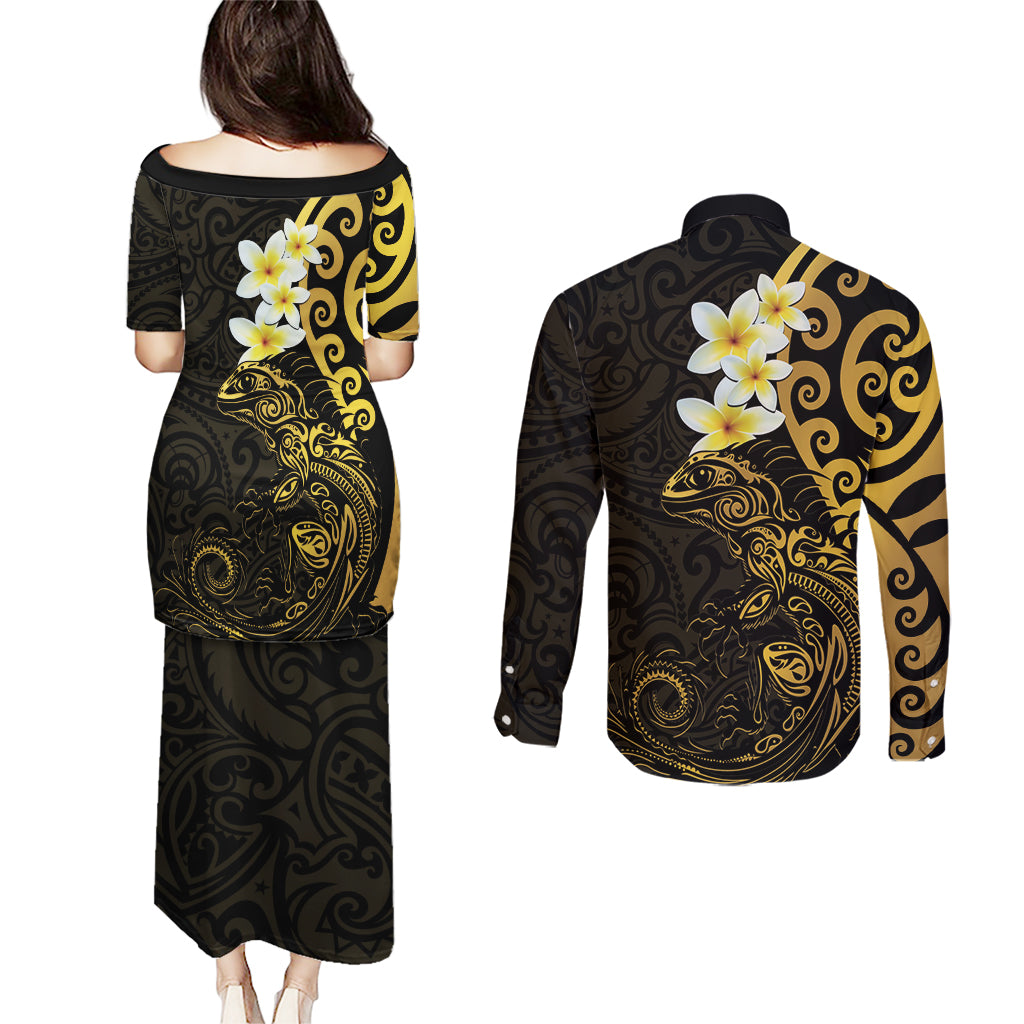 New Zealand Tuatara Plumeria Couples Matching Puletasi and Long Sleeve Button Shirt Maori Gold Koru Tribal Tattoo LT01 - Polynesian Pride