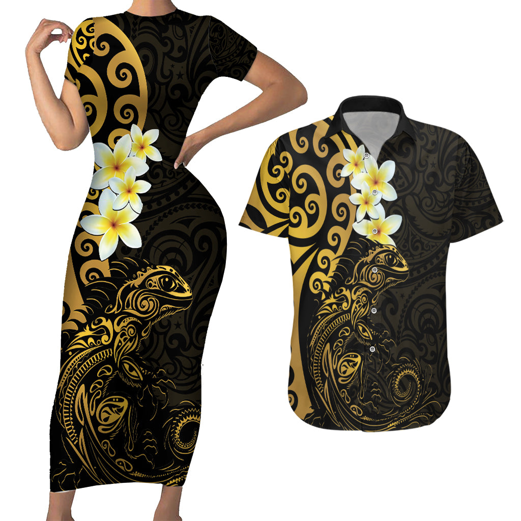 New Zealand Tuatara Plumeria Couples Matching Short Sleeve Bodycon Dress and Hawaiian Shirt Maori Gold Koru Tribal Tattoo