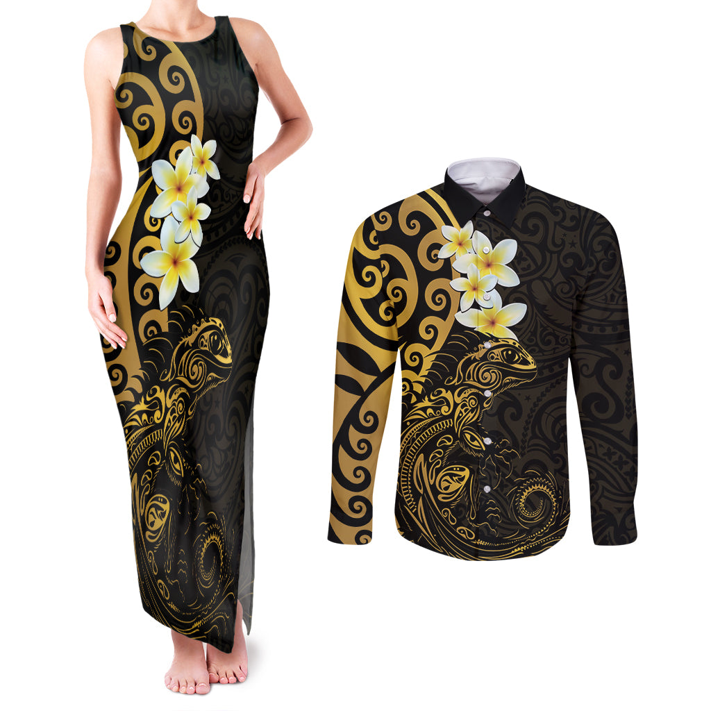 New Zealand Tuatara Plumeria Couples Matching Tank Maxi Dress and Long Sleeve Button Shirt Maori Gold Koru Tribal Tattoo
