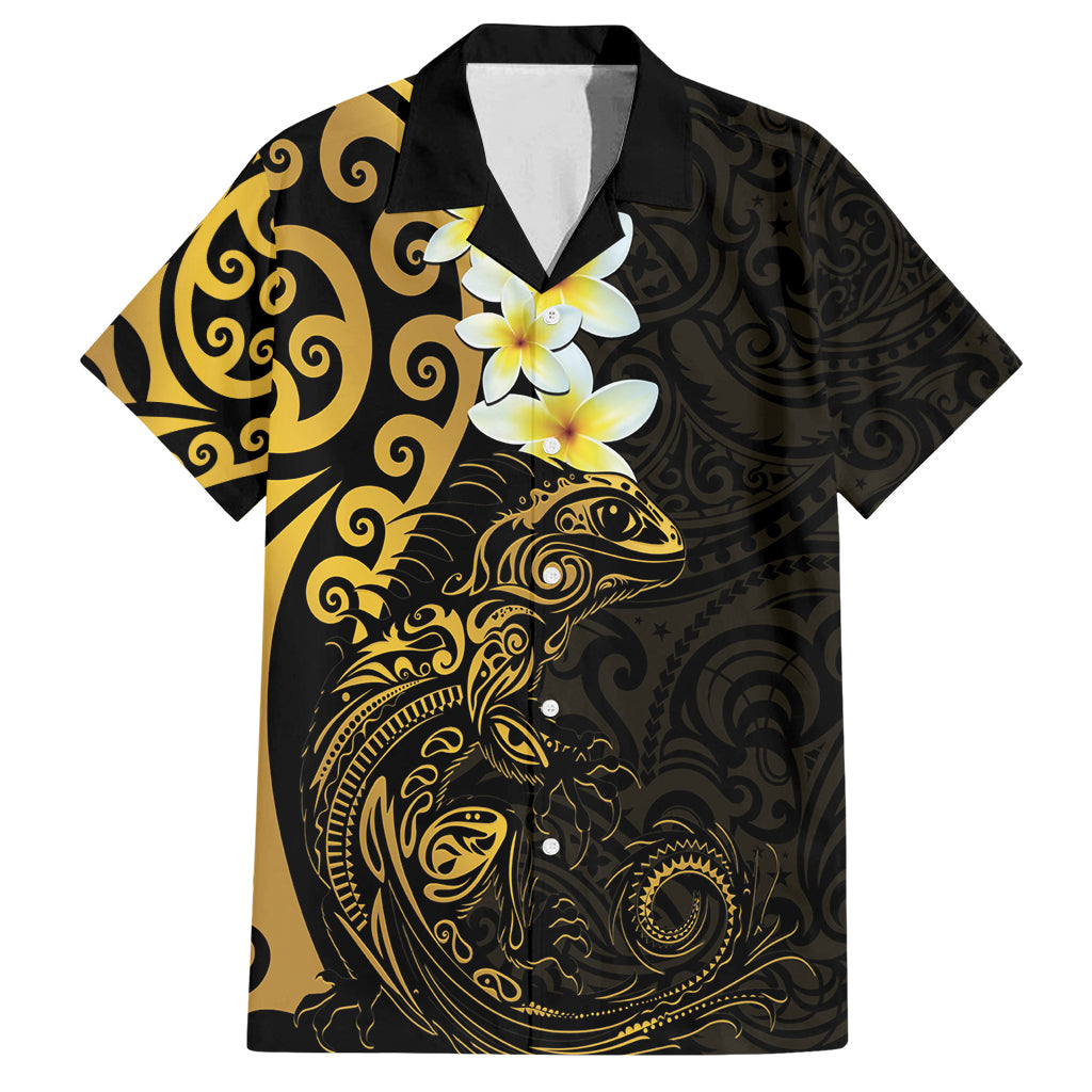 New Zealand Tuatara Plumeria Family Matching Long Sleeve Bodycon Dress and Hawaiian Shirt Maori Gold Koru Tribal Tattoo LT01 Dad's Shirt - Short Sleeve Gold - Polynesian Pride