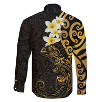 New Zealand Tuatara Plumeria Family Matching Long Sleeve Bodycon Dress and Hawaiian Shirt Maori Gold Koru Tribal Tattoo LT01 - Polynesian Pride