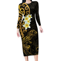 New Zealand Tuatara Plumeria Family Matching Long Sleeve Bodycon Dress and Hawaiian Shirt Maori Gold Koru Tribal Tattoo LT01 Mom's Dress Gold - Polynesian Pride