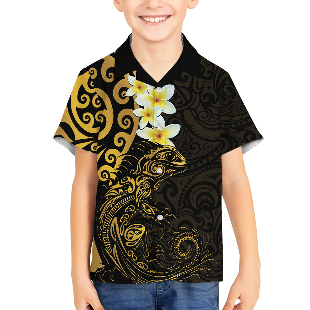 New Zealand Tuatara Plumeria Family Matching Long Sleeve Bodycon Dress and Hawaiian Shirt Maori Gold Koru Tribal Tattoo LT01 Son's Shirt Gold - Polynesian Pride
