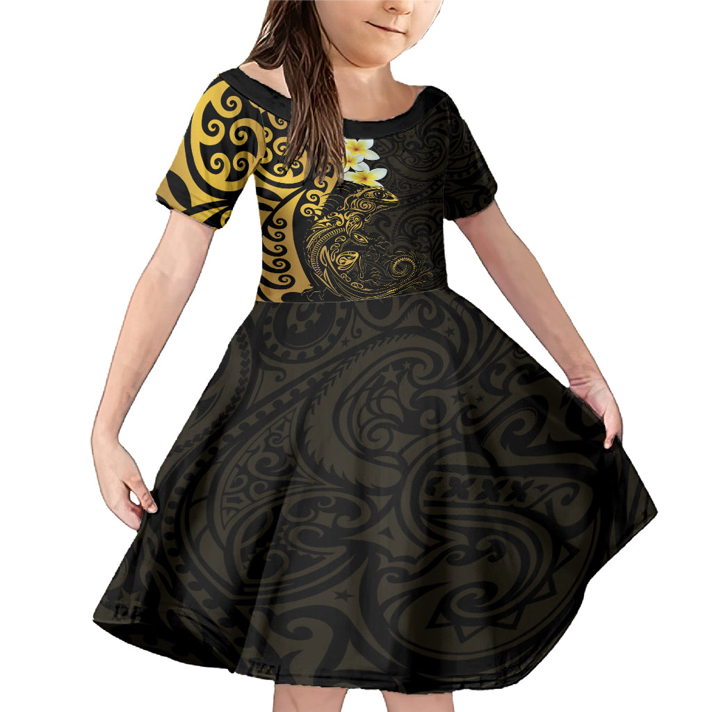 New Zealand Tuatara Plumeria Family Matching Mermaid Dress and Hawaiian Shirt Maori Gold Koru Tribal Tattoo LT01 Daughter's Dress Gold - Polynesian Pride