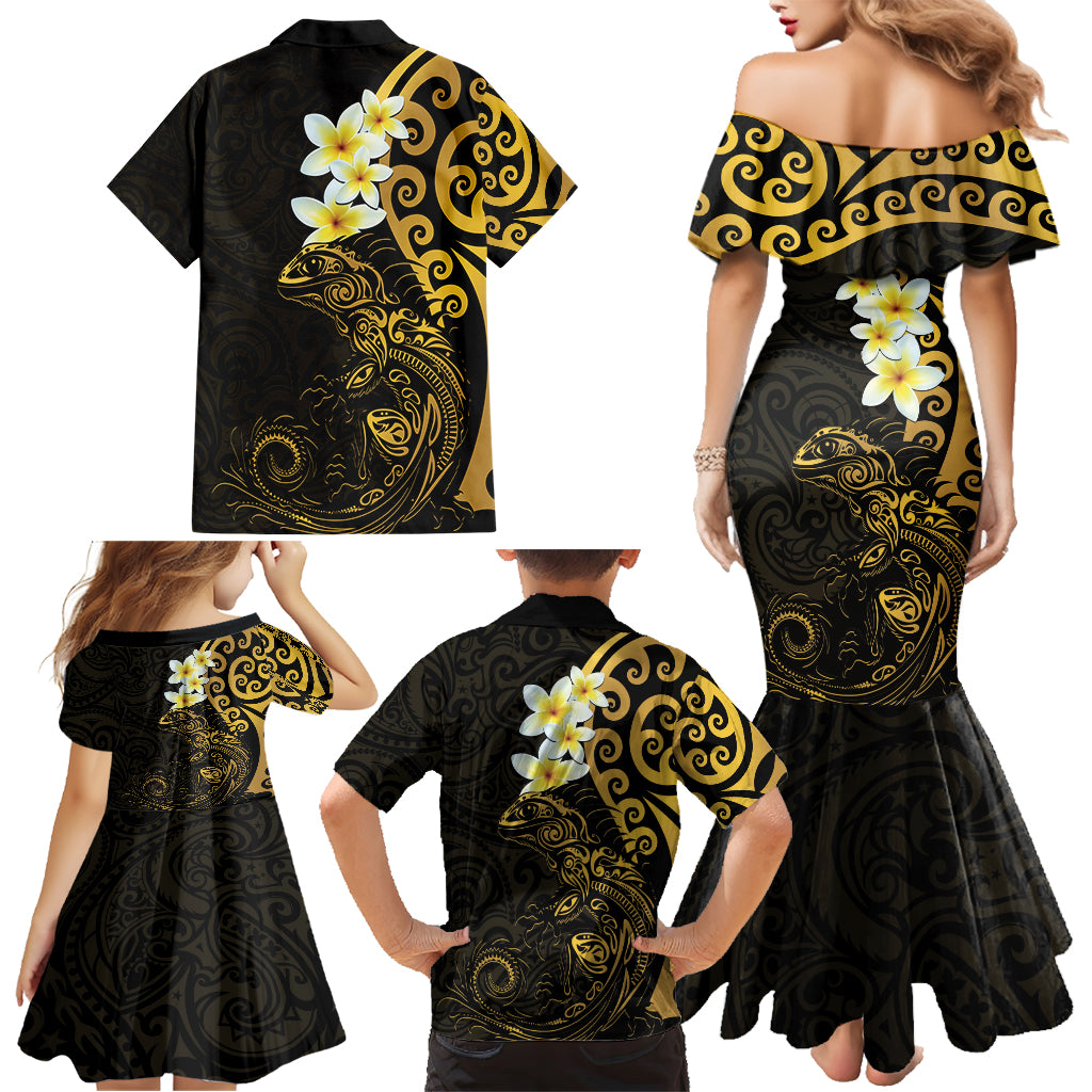 New Zealand Tuatara Plumeria Family Matching Mermaid Dress and Hawaiian Shirt Maori Gold Koru Tribal Tattoo LT01 - Polynesian Pride