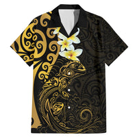 New Zealand Tuatara Plumeria Family Matching Mermaid Dress and Hawaiian Shirt Maori Gold Koru Tribal Tattoo LT01 Dad's Shirt - Short Sleeve Gold - Polynesian Pride