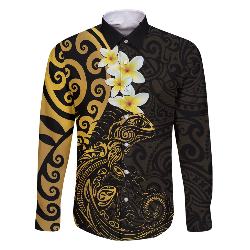 New Zealand Tuatara Plumeria Family Matching Mermaid Dress and Hawaiian Shirt Maori Gold Koru Tribal Tattoo LT01 Dad's Shirt - Long Sleeve Gold - Polynesian Pride
