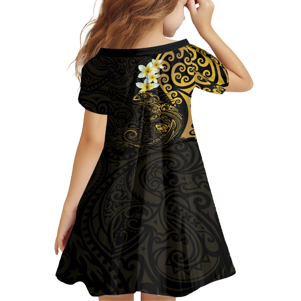 New Zealand Tuatara Plumeria Family Matching Off Shoulder Short Dress and Hawaiian Shirt Maori Gold Koru Tribal Tattoo