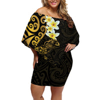 New Zealand Tuatara Plumeria Family Matching Off Shoulder Short Dress and Hawaiian Shirt Maori Gold Koru Tribal Tattoo