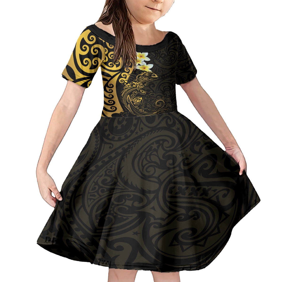 New Zealand Tuatara Plumeria Family Matching Puletasi and Hawaiian Shirt Maori Gold Koru Tribal Tattoo LT01 Daughter's Dress Gold - Polynesian Pride