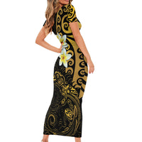 New Zealand Tuatara Plumeria Family Matching Short Sleeve Bodycon Dress and Hawaiian Shirt Maori Gold Koru Tribal Tattoo LT01 - Polynesian Pride