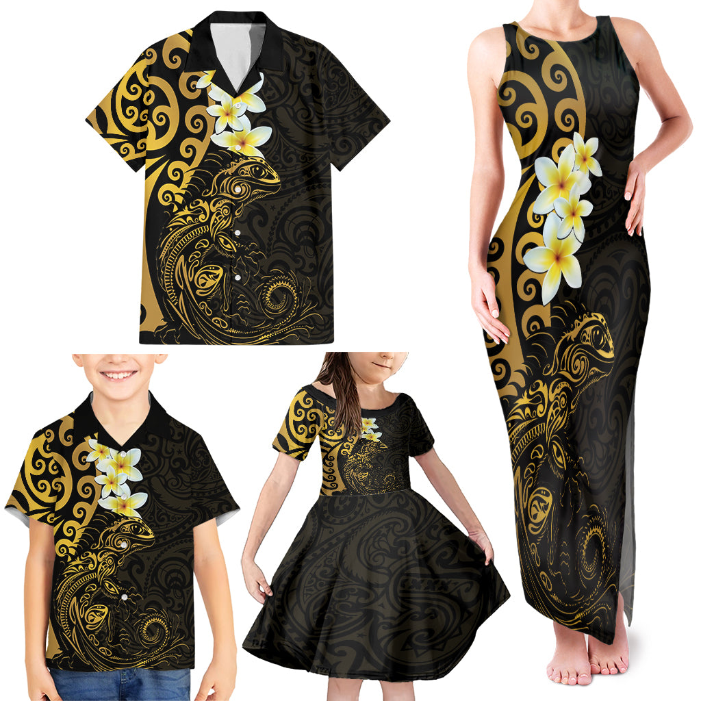 New Zealand Tuatara Plumeria Family Matching Tank Maxi Dress and Hawaiian Shirt Maori Gold Koru Tribal Tattoo