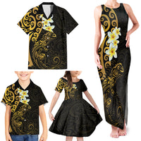 New Zealand Tuatara Plumeria Family Matching Tank Maxi Dress and Hawaiian Shirt Maori Gold Koru Tribal Tattoo