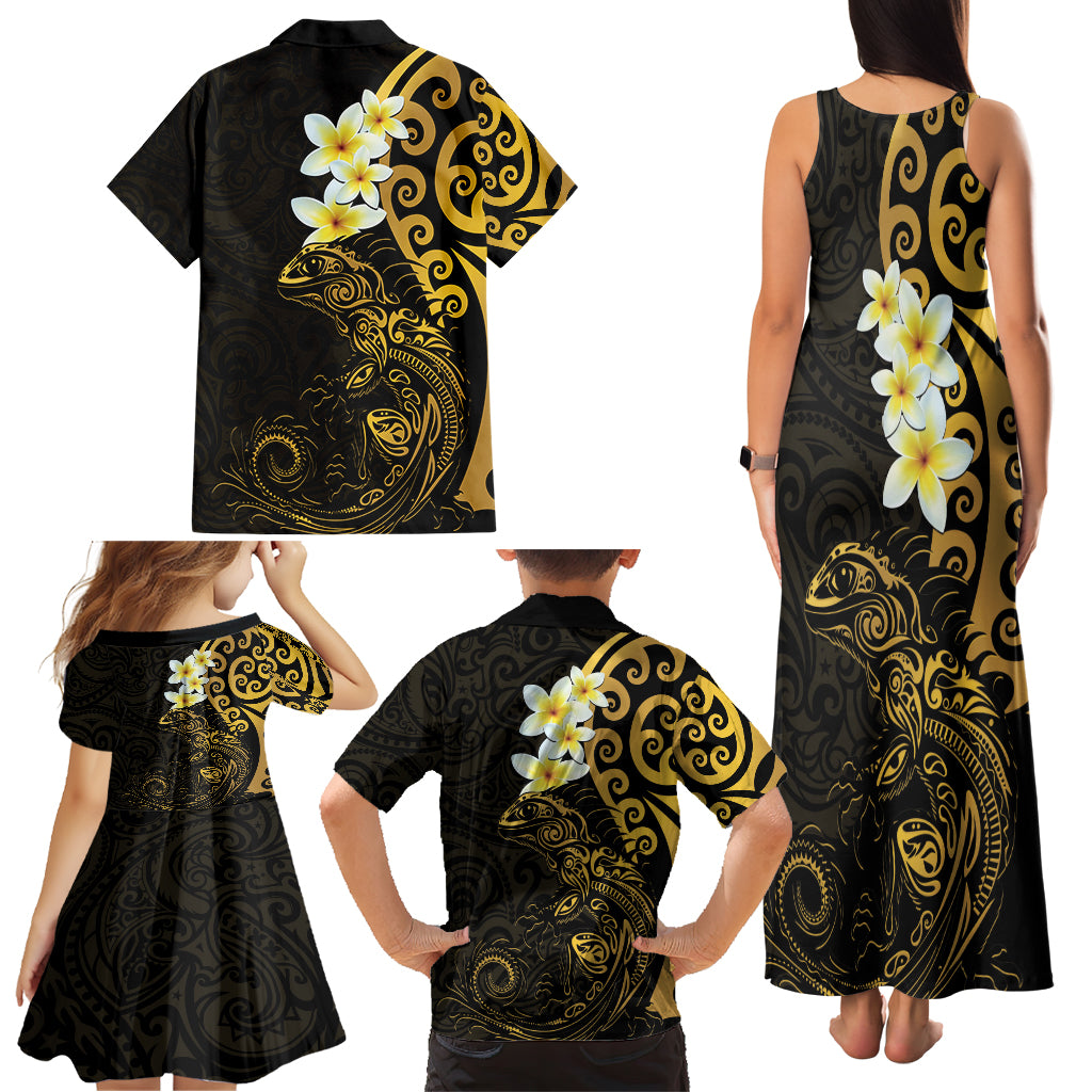 New Zealand Tuatara Plumeria Family Matching Tank Maxi Dress and Hawaiian Shirt Maori Gold Koru Tribal Tattoo
