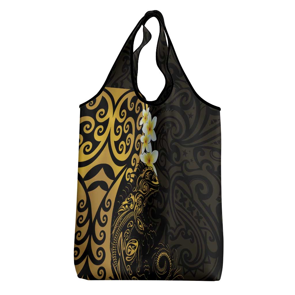 New Zealand Tuatara Plumeria Grocery Bag Maori Gold Koru Tribal Tattoo