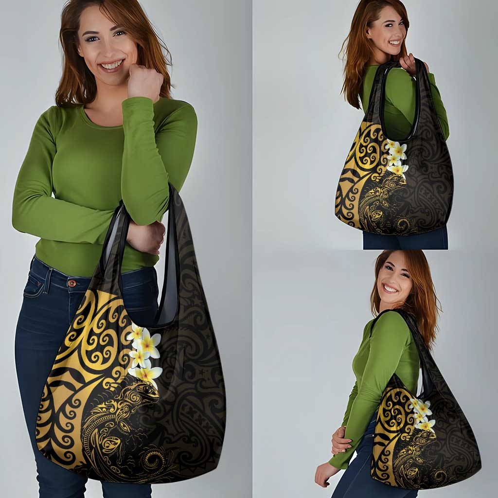 New Zealand Tuatara Plumeria Grocery Bag Maori Gold Koru Tribal Tattoo