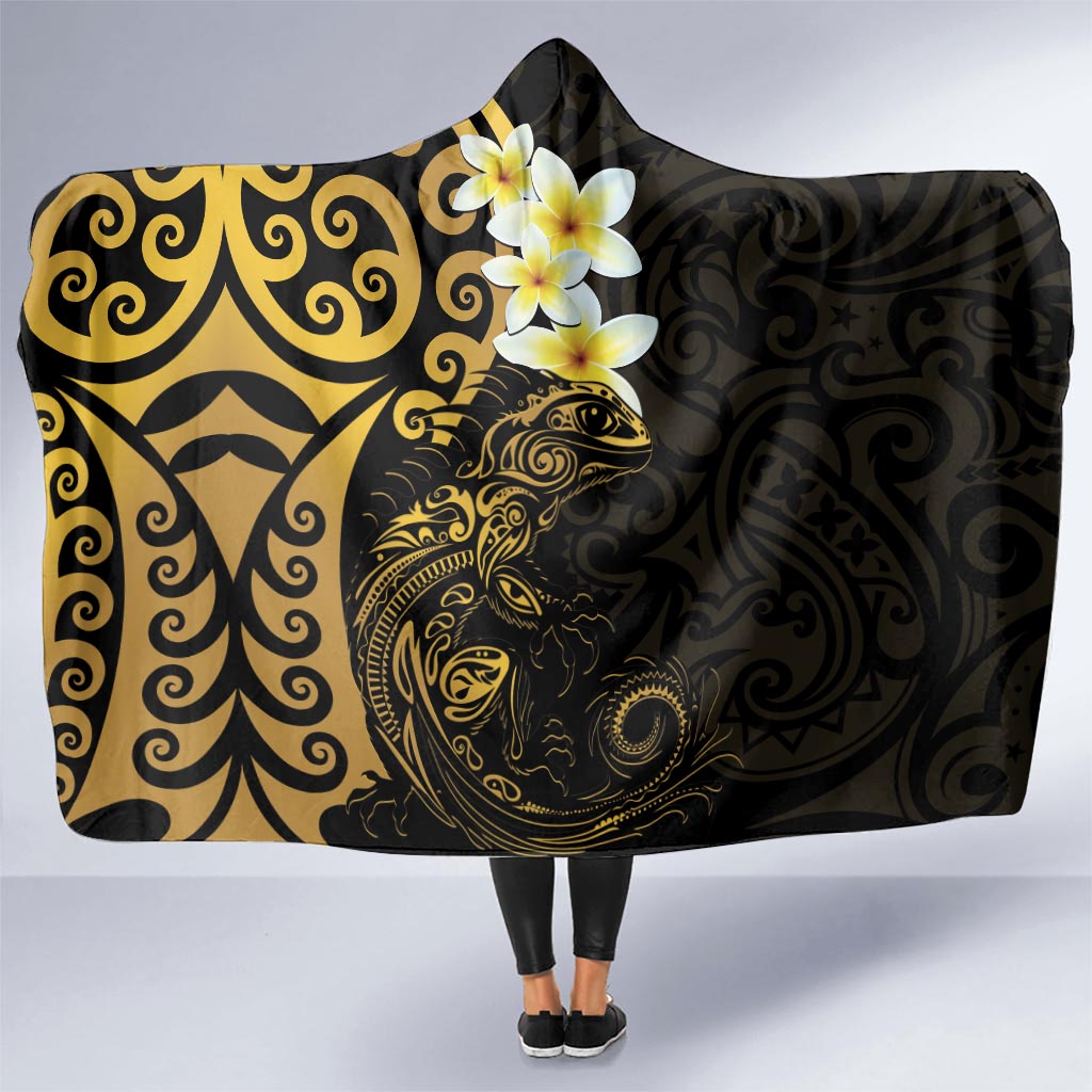 New Zealand Tuatara Plumeria Hooded Blanket Maori Gold Koru Tribal Tattoo LT01 - Polynesian Pride