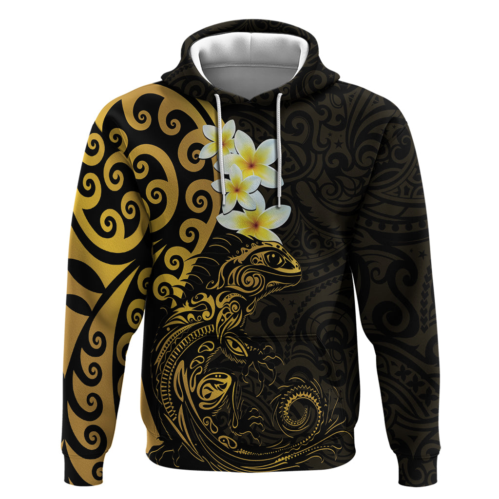 New Zealand Tuatara Plumeria Hoodie Maori Gold Koru Tribal Tattoo