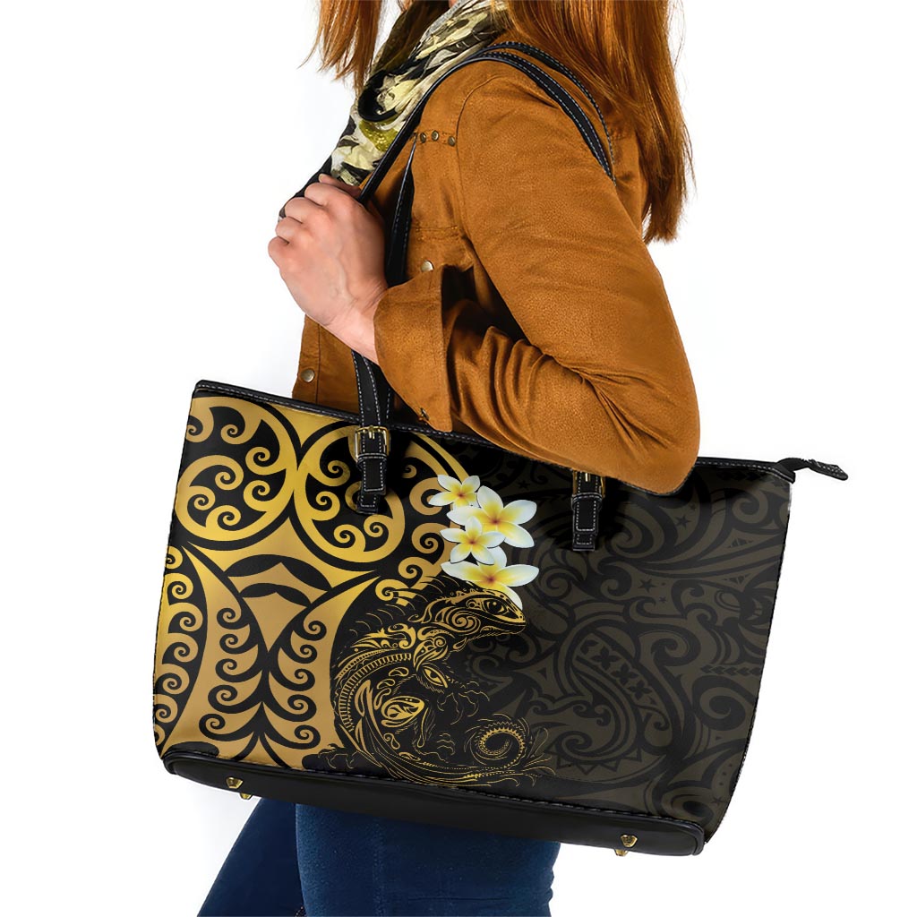 New Zealand Tuatara Plumeria Leather Tote Bag Maori Gold Koru Tribal Tattoo